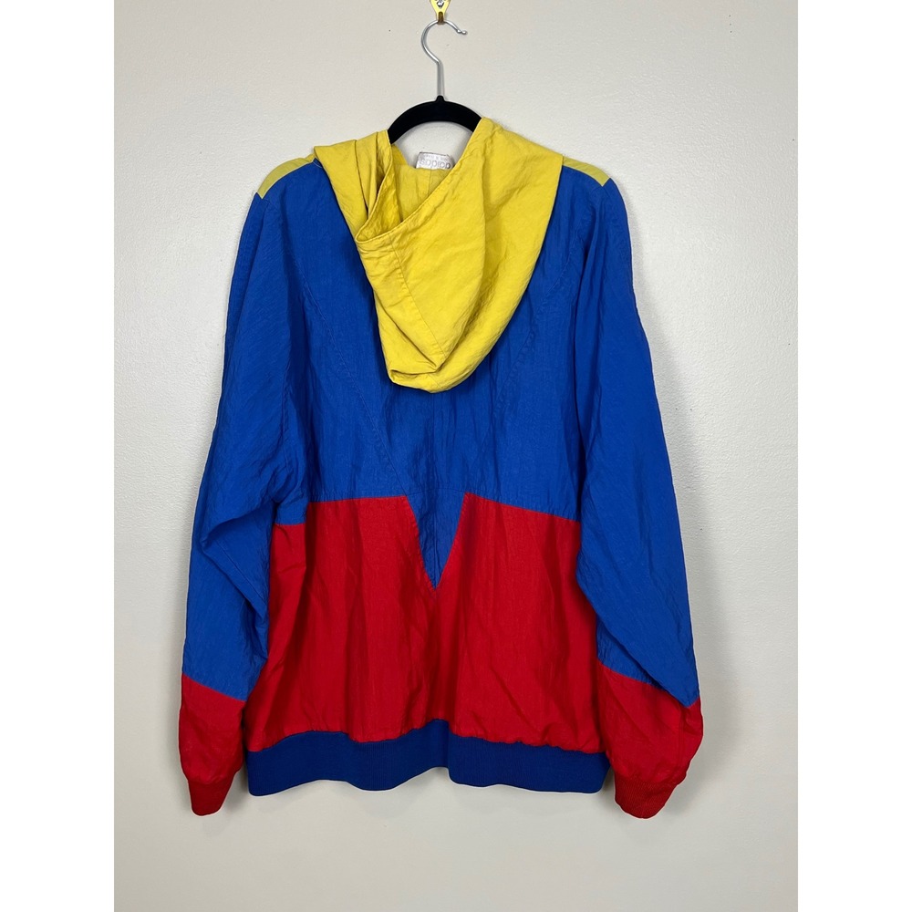 Vintage 1980s Adidas Colorblock Windbreaker Hooded Pullover Blue Red Yellow XL - Picture 2 of 8
